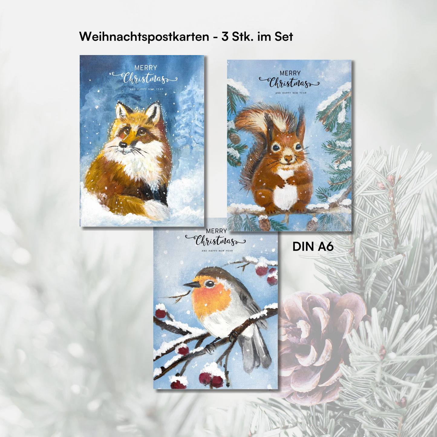 Weihnachtskarten - Tiere im Winter - Postkartenset - 3 Stk.